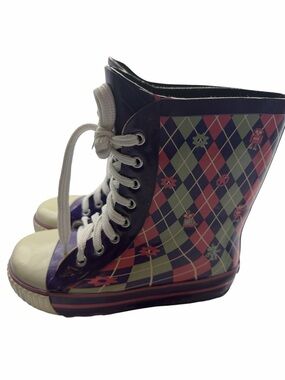 Dav Kids Purple Argyle Lace-Up Rubber Rain Boots Size 11C Retro